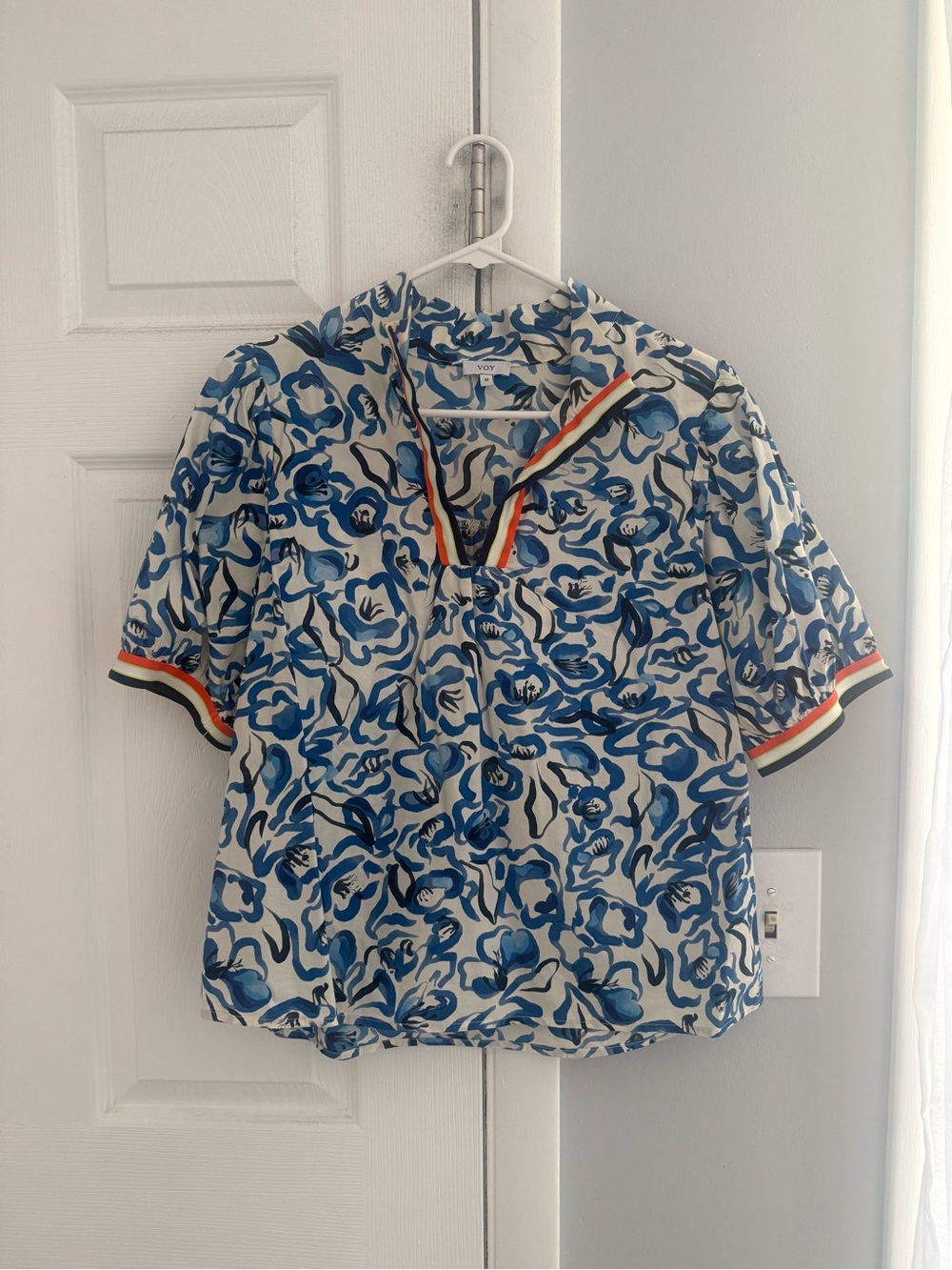 Blue Floral V-Neck Top with Stripe Trim